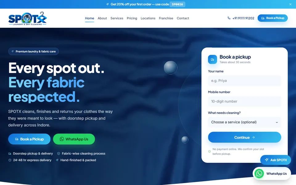 SPOTX laundry and dry cleaning website home page with the Book a pickup form
